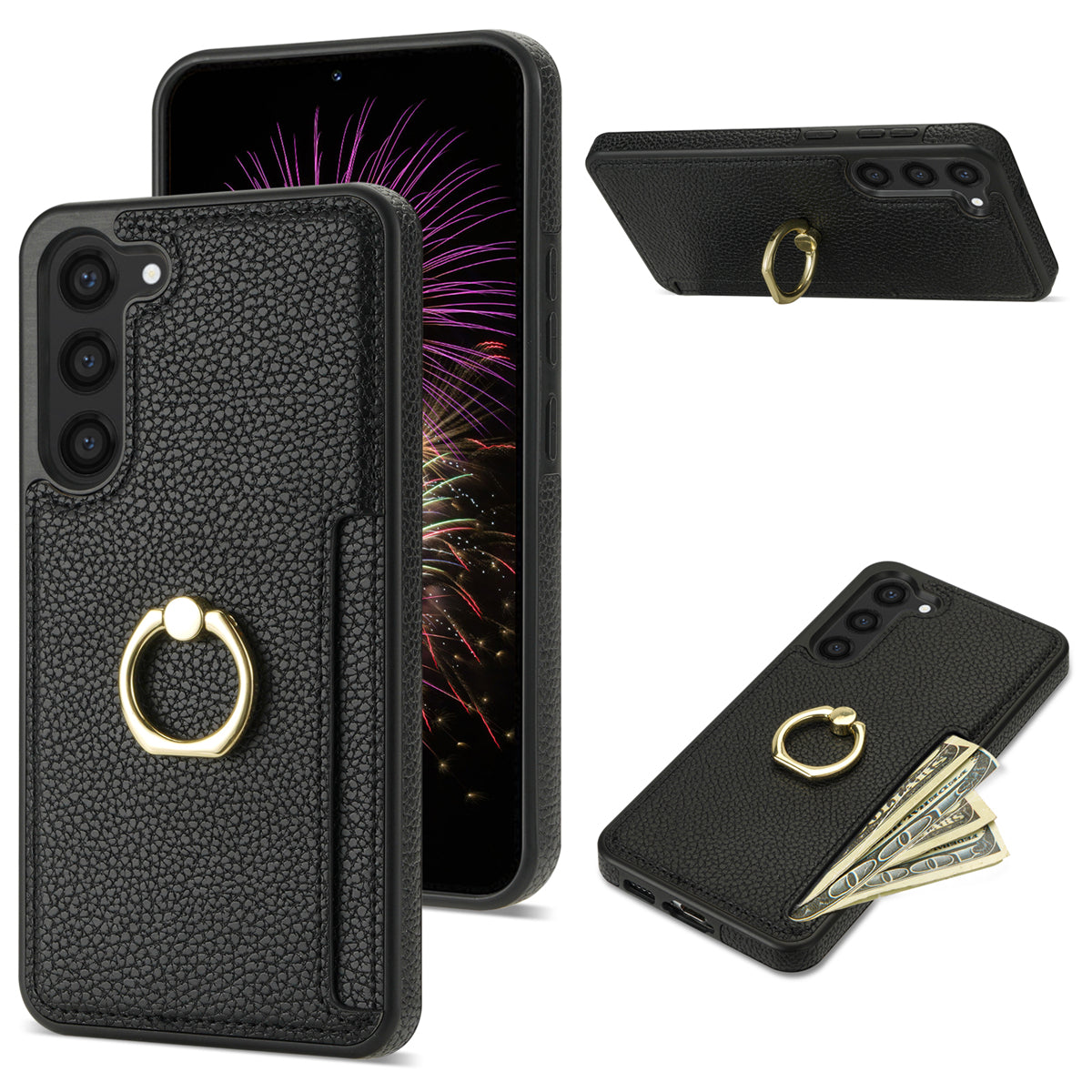 For Samsung Galaxy S24+ Cell Phone Case Card Holder Leather+TPU Ring Kickstand Cover - Black
