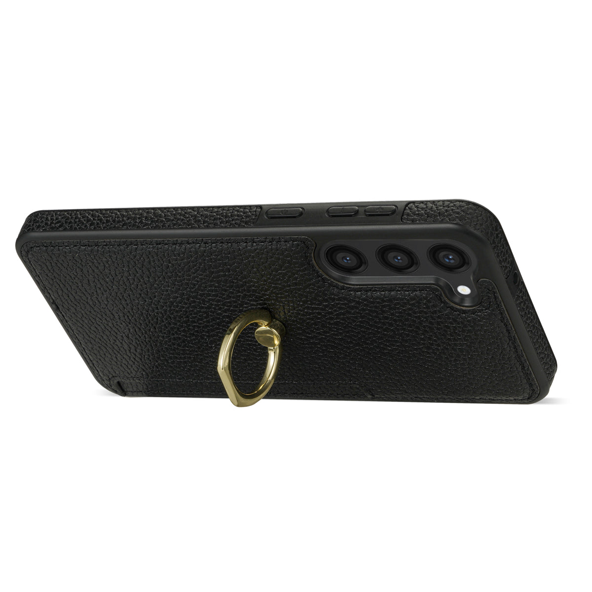 For Samsung Galaxy S24+ Cell Phone Case Card Holder Leather+TPU Ring Kickstand Cover - Black