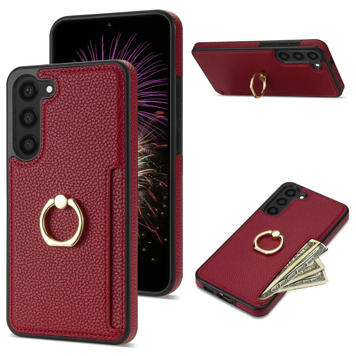 For Samsung Galaxy S24+ Cell Phone Case Card Holder Leather+TPU Ring Kickstand Cover - Red
