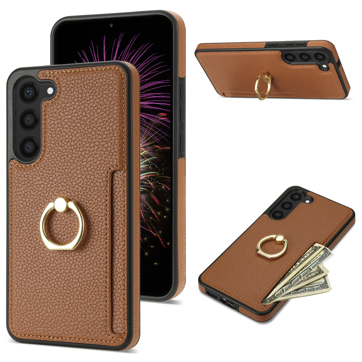 For Samsung Galaxy S24+ Cell Phone Case Card Holder Leather+TPU Ring Kickstand Cover - Brown