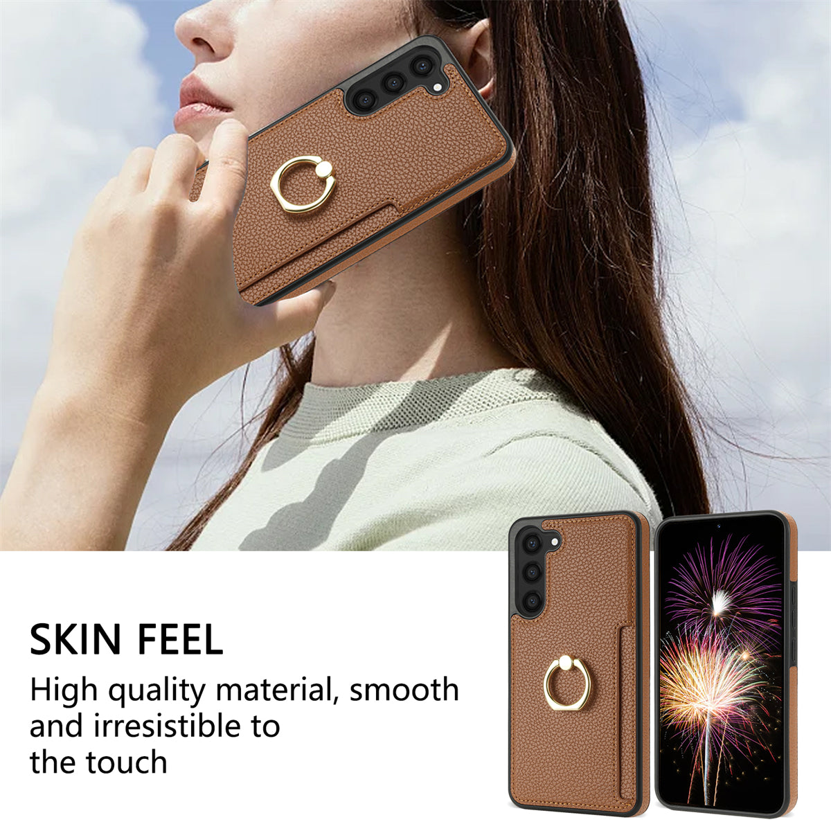 For Samsung Galaxy S24+ Cell Phone Case Card Holder Leather+TPU Ring Kickstand Cover - Brown