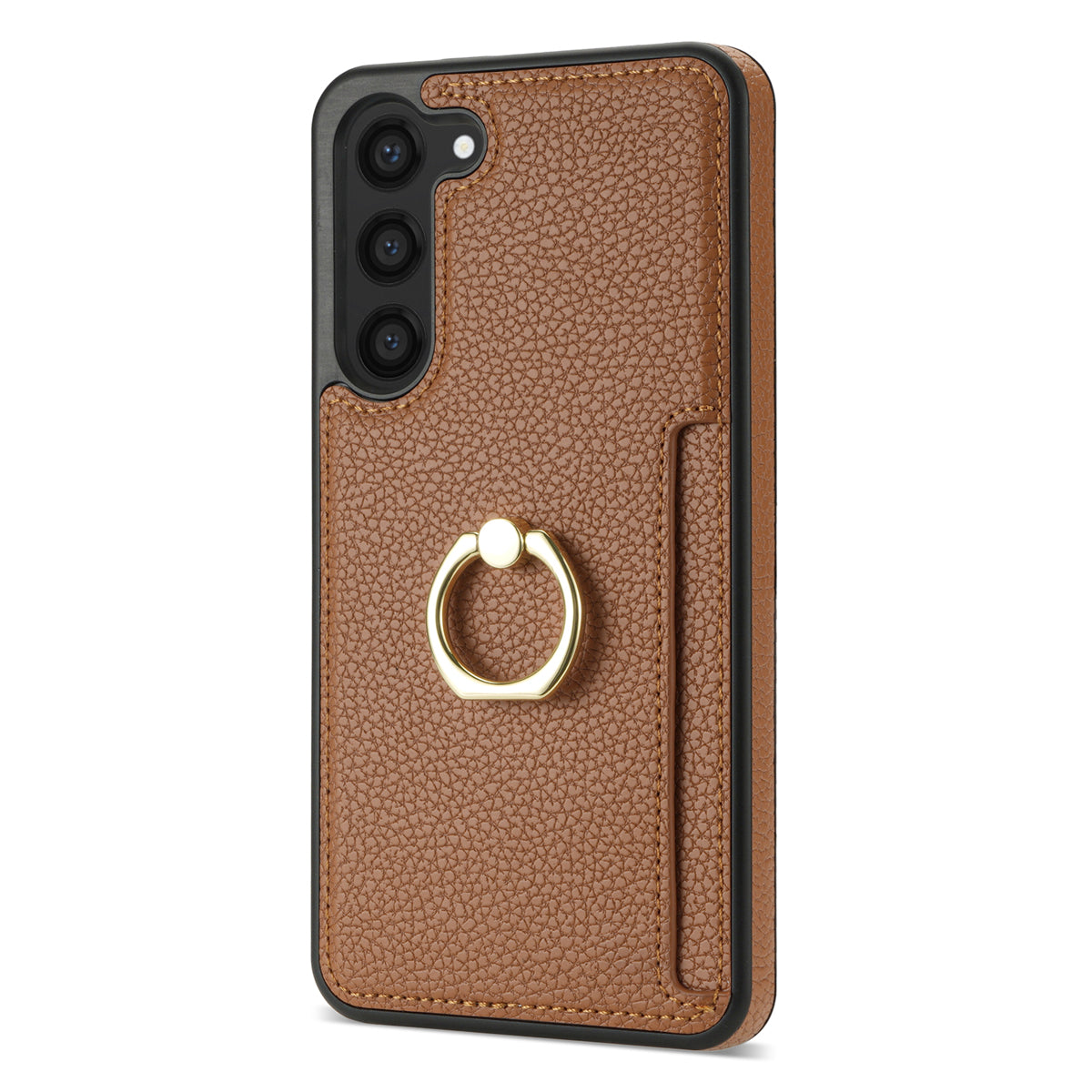 For Samsung Galaxy S24+ Cell Phone Case Card Holder Leather+TPU Ring Kickstand Cover - Brown