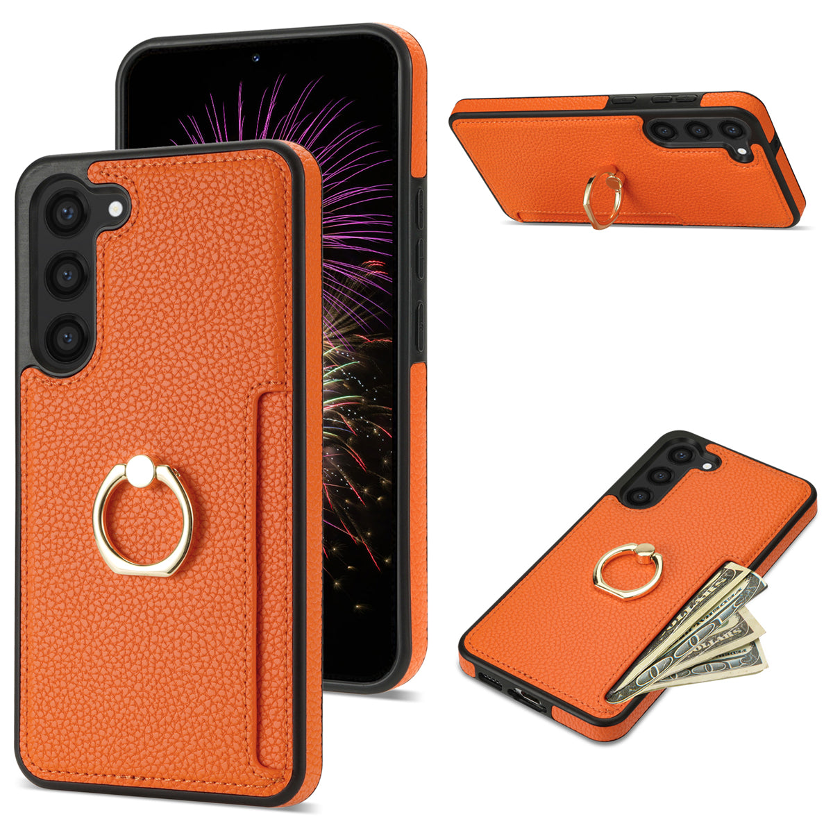For Samsung Galaxy S24+ Cell Phone Case Card Holder Leather+TPU Ring Kickstand Cover - Orange
