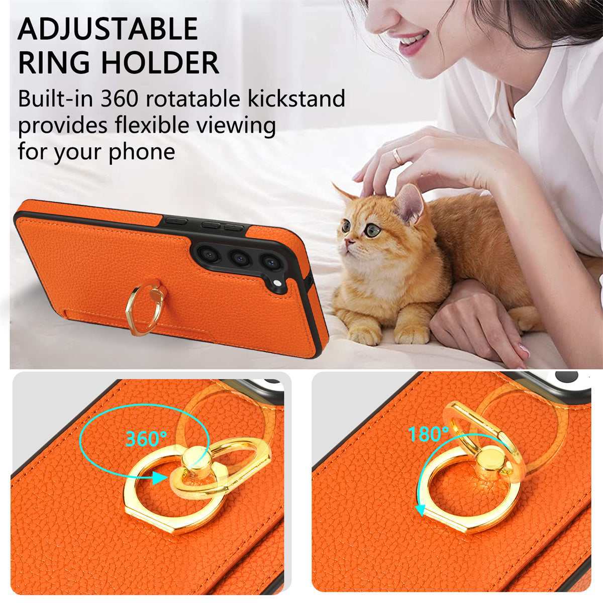 For Samsung Galaxy S24+ Cell Phone Case Card Holder Leather+TPU Ring Kickstand Cover - Orange