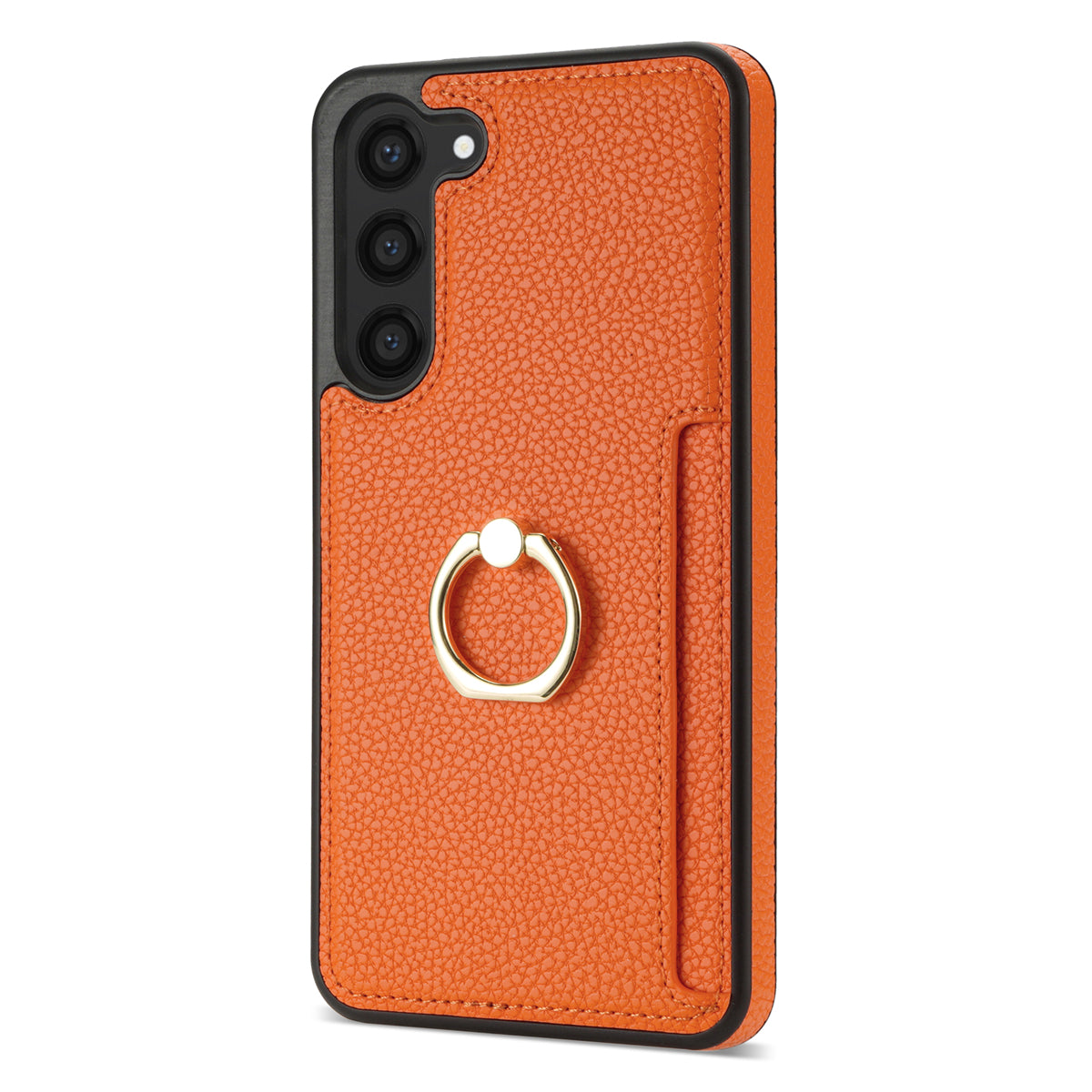 For Samsung Galaxy S24+ Cell Phone Case Card Holder Leather+TPU Ring Kickstand Cover - Orange