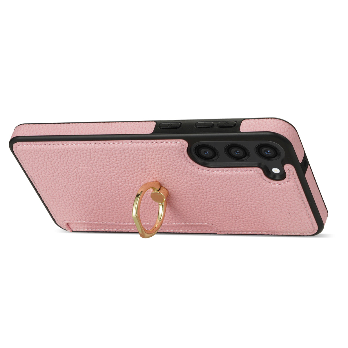 For Samsung Galaxy S24+ Cell Phone Case Card Holder Leather+TPU Ring Kickstand Cover - Pink