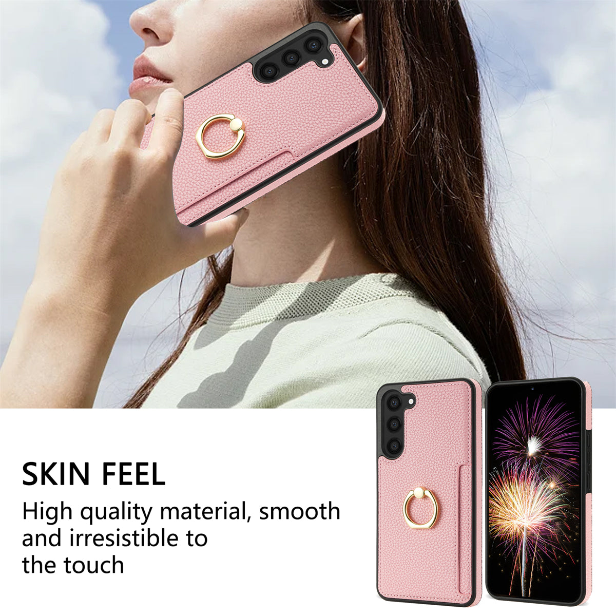 For Samsung Galaxy S24 Cell Phone Case PU Leather + TPU Card Holder Cover with Kickstand - Pink