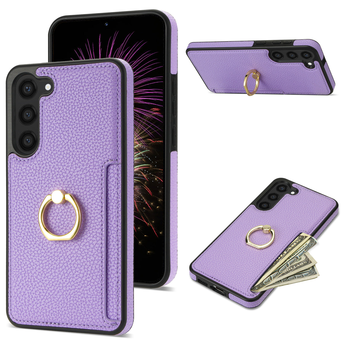 For Samsung Galaxy S24 Cell Phone Case PU Leather + TPU Card Holder Cover with Kickstand - Purple