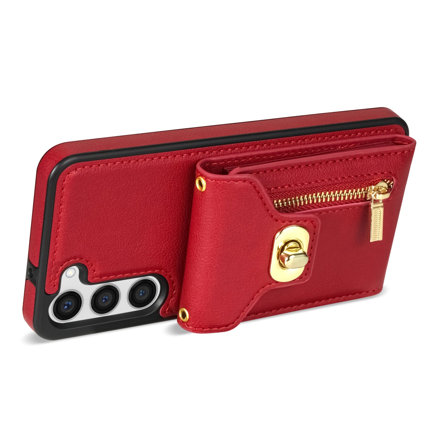 For Samsung Galaxy S24 Case Zipper Pocket Card Slots Leather Coated TPU Phone Cover - Red