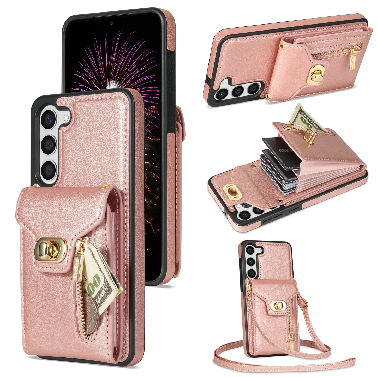 For Samsung Galaxy S24 Case Zipper Pocket Card Slots Leather Coated TPU Phone Cover - Pink