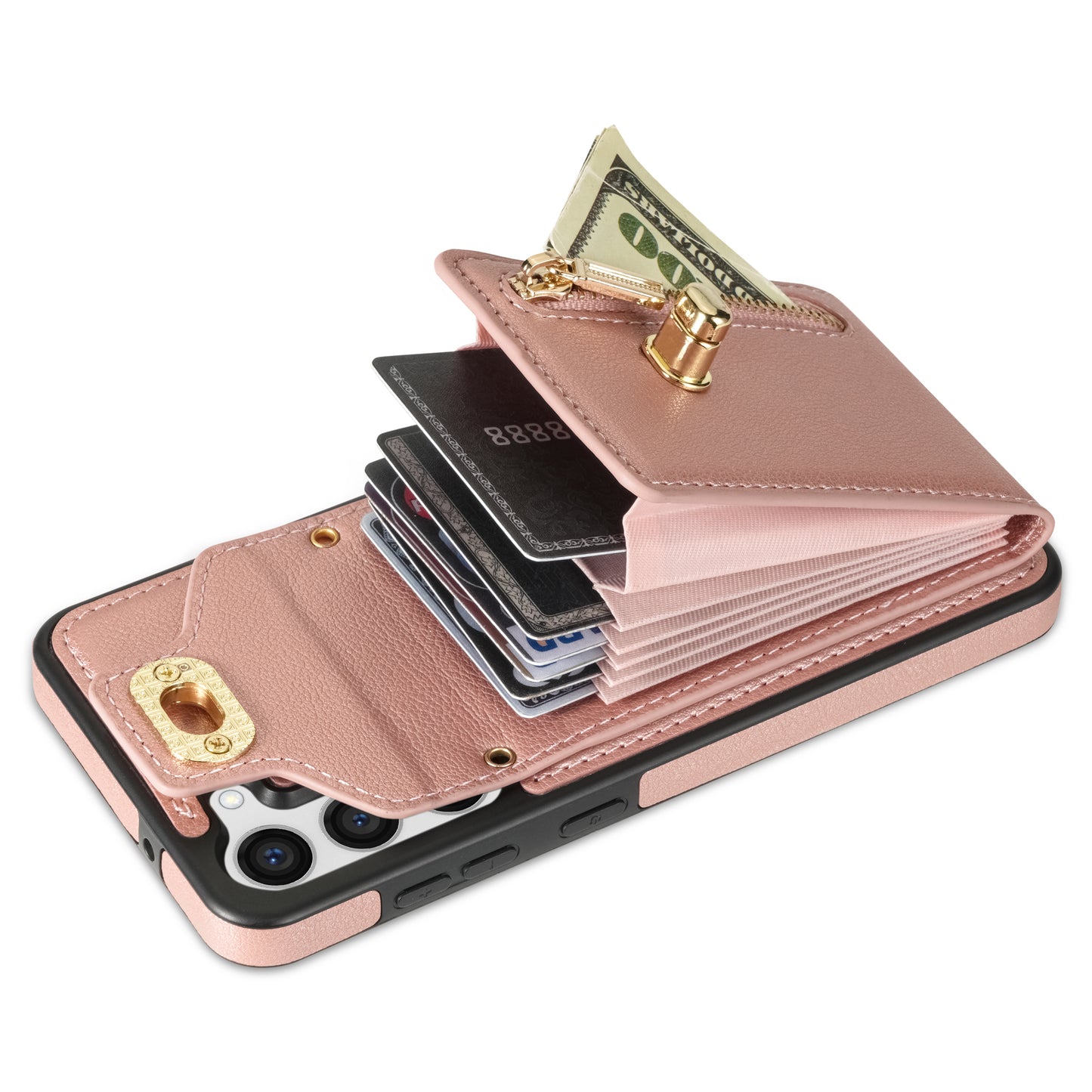 For Samsung Galaxy S24 Case Zipper Pocket Card Slots Leather Coated TPU Phone Cover - Pink