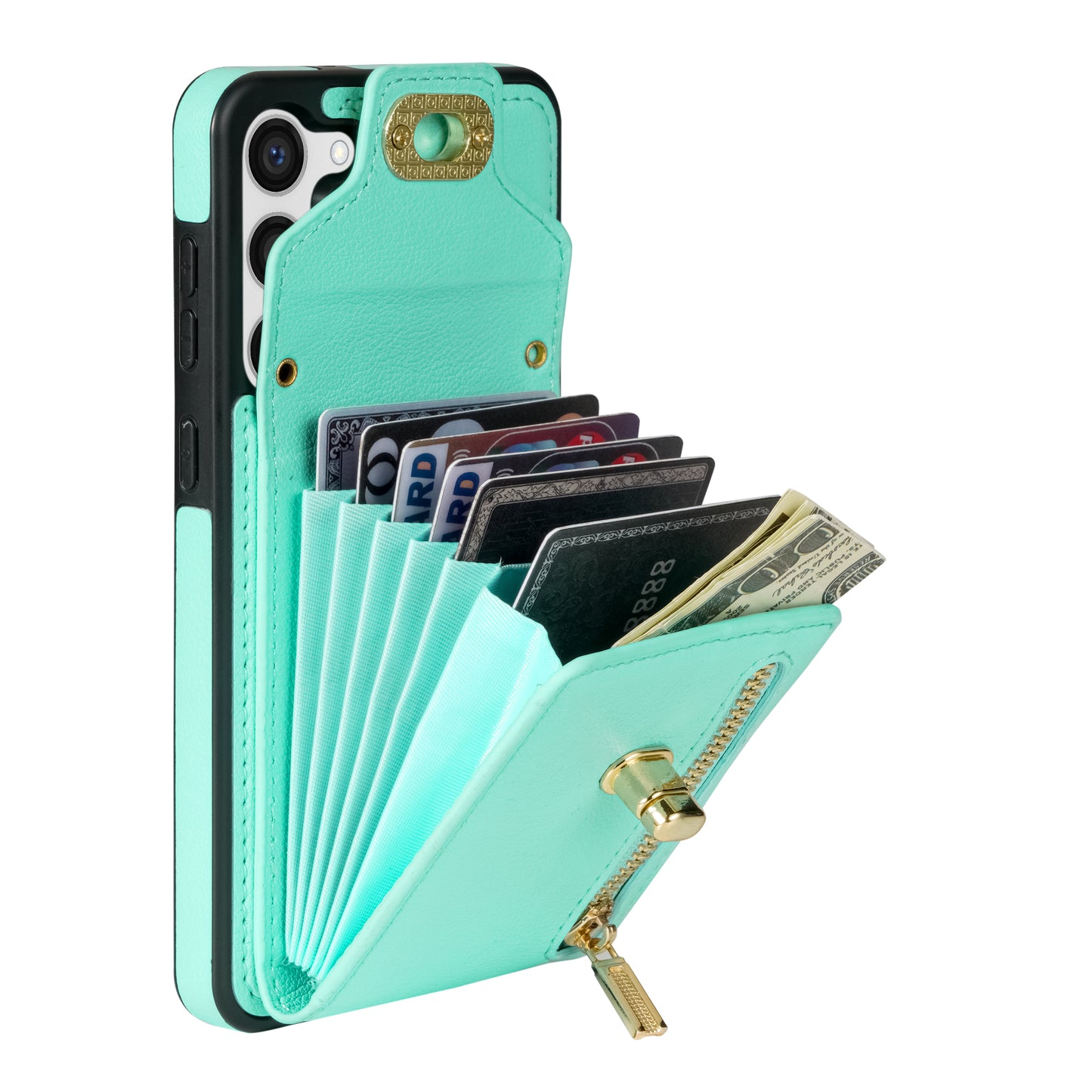 For Samsung Galaxy S24 Case Zipper Pocket Card Slots Leather Coated TPU Phone Cover - Green
