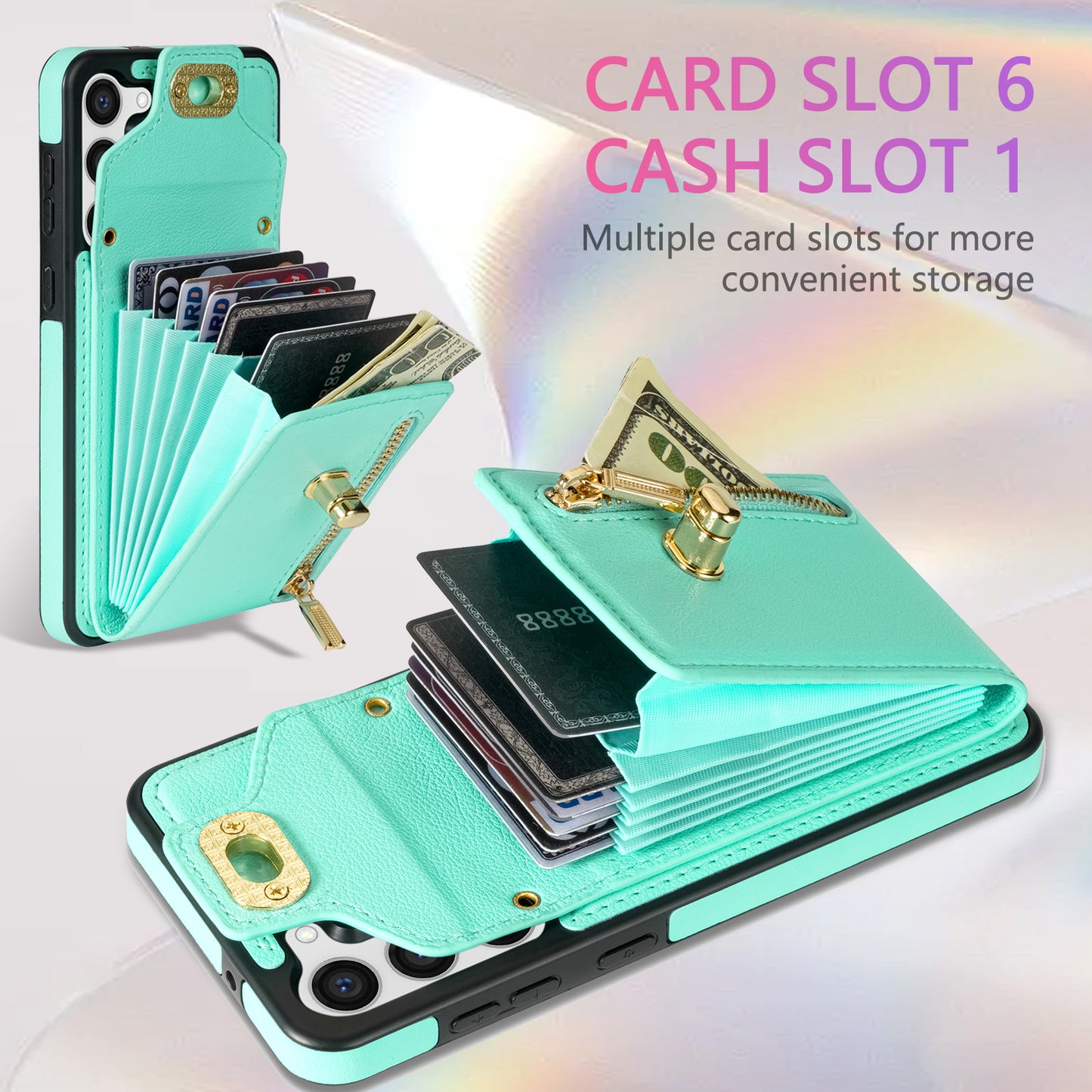 For Samsung Galaxy S24 Case Zipper Pocket Card Slots Leather Coated TPU Phone Cover - Green