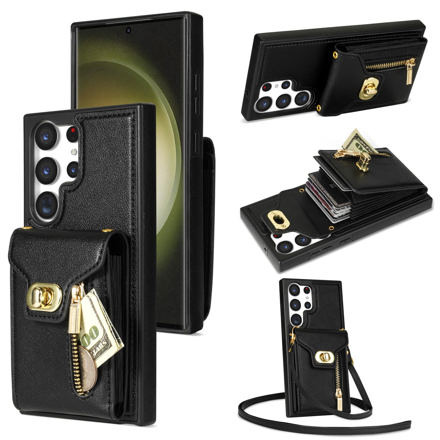 For Samsung Galaxy S24 Ultra Leather Coated TPU Cover Zipper Pocket Card Slots Phone Case with Kickstand - Black
