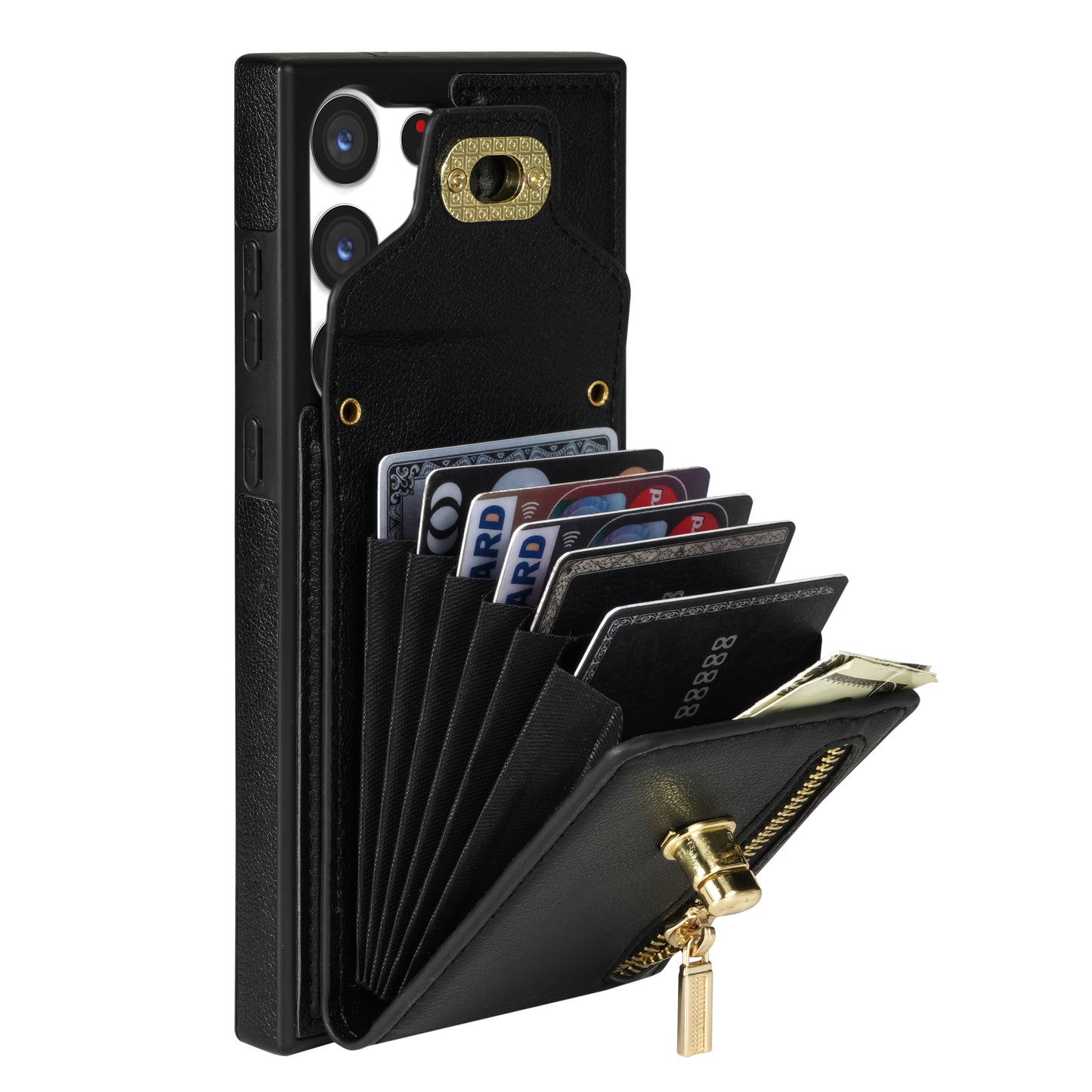 For Samsung Galaxy S24 Ultra Leather Coated TPU Cover Zipper Pocket Card Slots Phone Case with Kickstand - Black