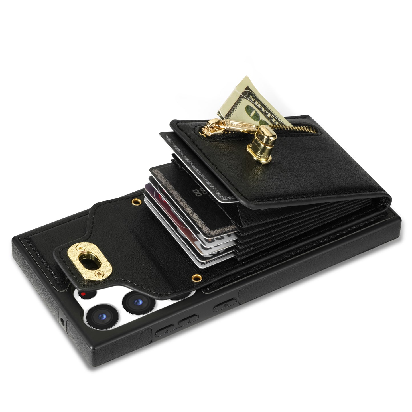 For Samsung Galaxy S24 Ultra Leather Coated TPU Cover Zipper Pocket Card Slots Phone Case with Kickstand - Black