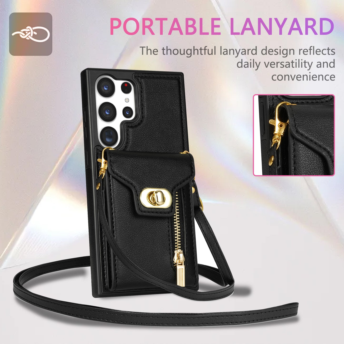 For Samsung Galaxy S24 Ultra Leather Coated TPU Cover Zipper Pocket Card Slots Phone Case with Kickstand - Black