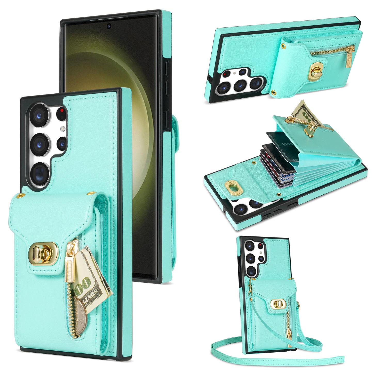 For Samsung Galaxy S24 Ultra Leather Coated TPU Cover Zipper Pocket Card Slots Phone Case with Kickstand - Green