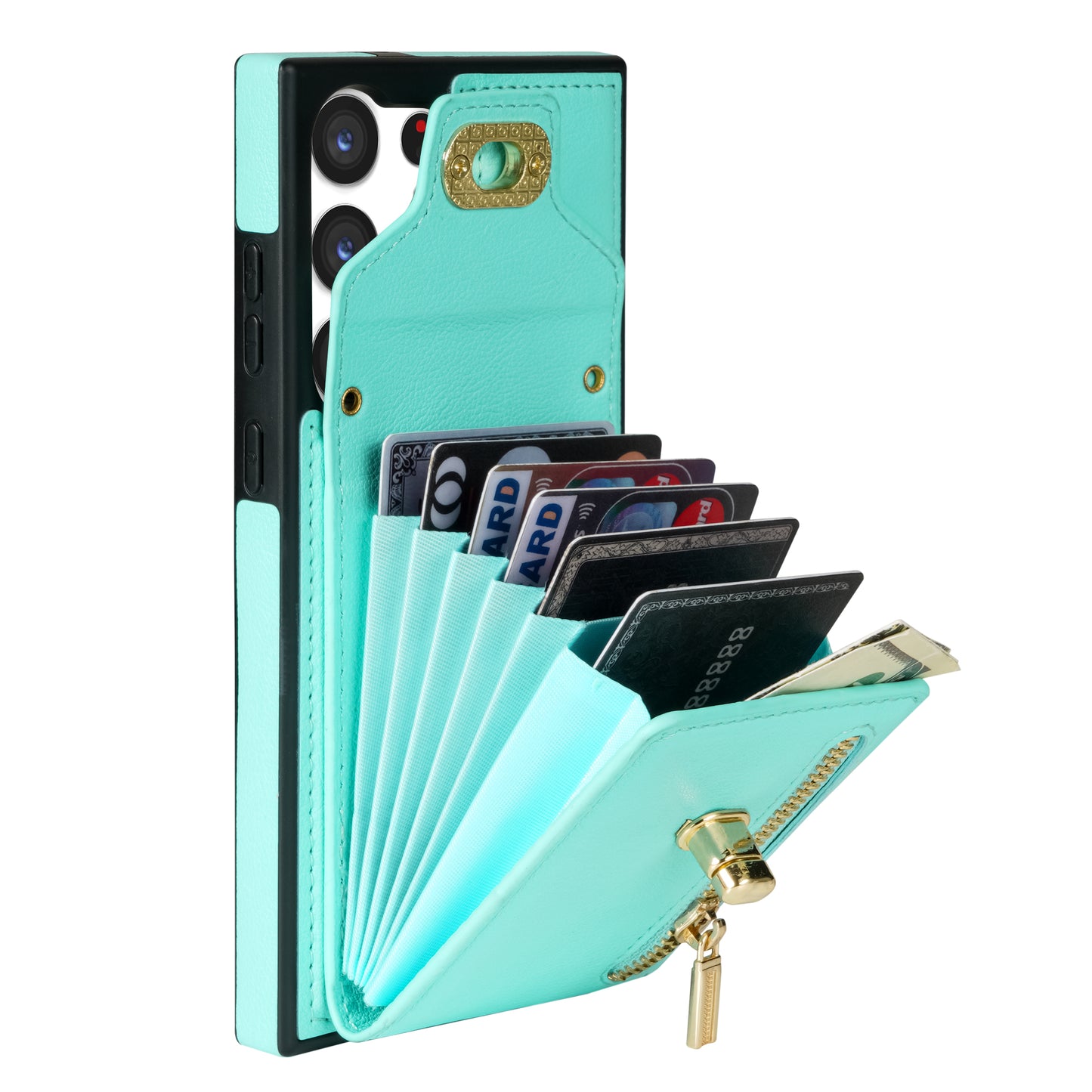For Samsung Galaxy S24 Ultra Leather Coated TPU Cover Zipper Pocket Card Slots Phone Case with Kickstand - Green