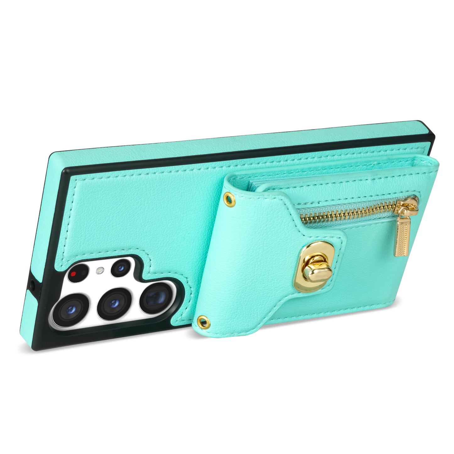 For Samsung Galaxy S24 Ultra Leather Coated TPU Cover Zipper Pocket Card Slots Phone Case with Kickstand - Green