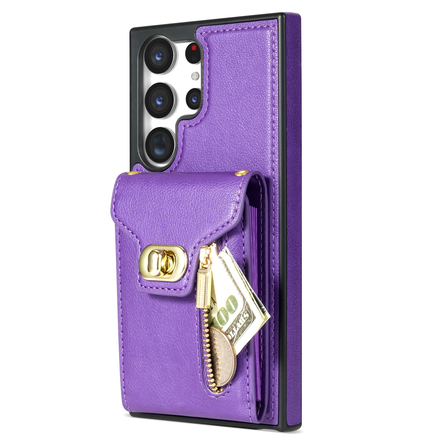 For Samsung Galaxy S24 Ultra Leather Coated TPU Cover Zipper Pocket Card Slots Phone Case with Kickstand - Purple