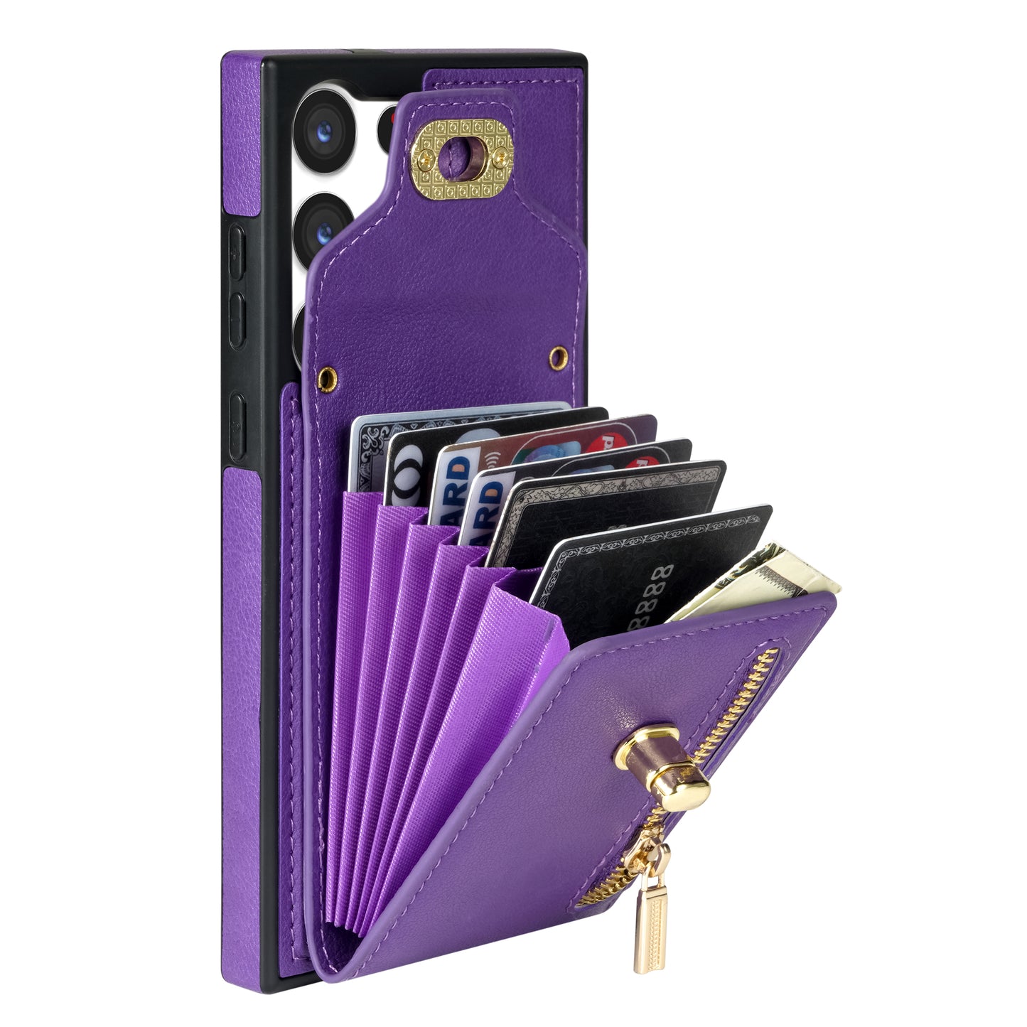 For Samsung Galaxy S24 Ultra Leather Coated TPU Cover Zipper Pocket Card Slots Phone Case with Kickstand - Purple