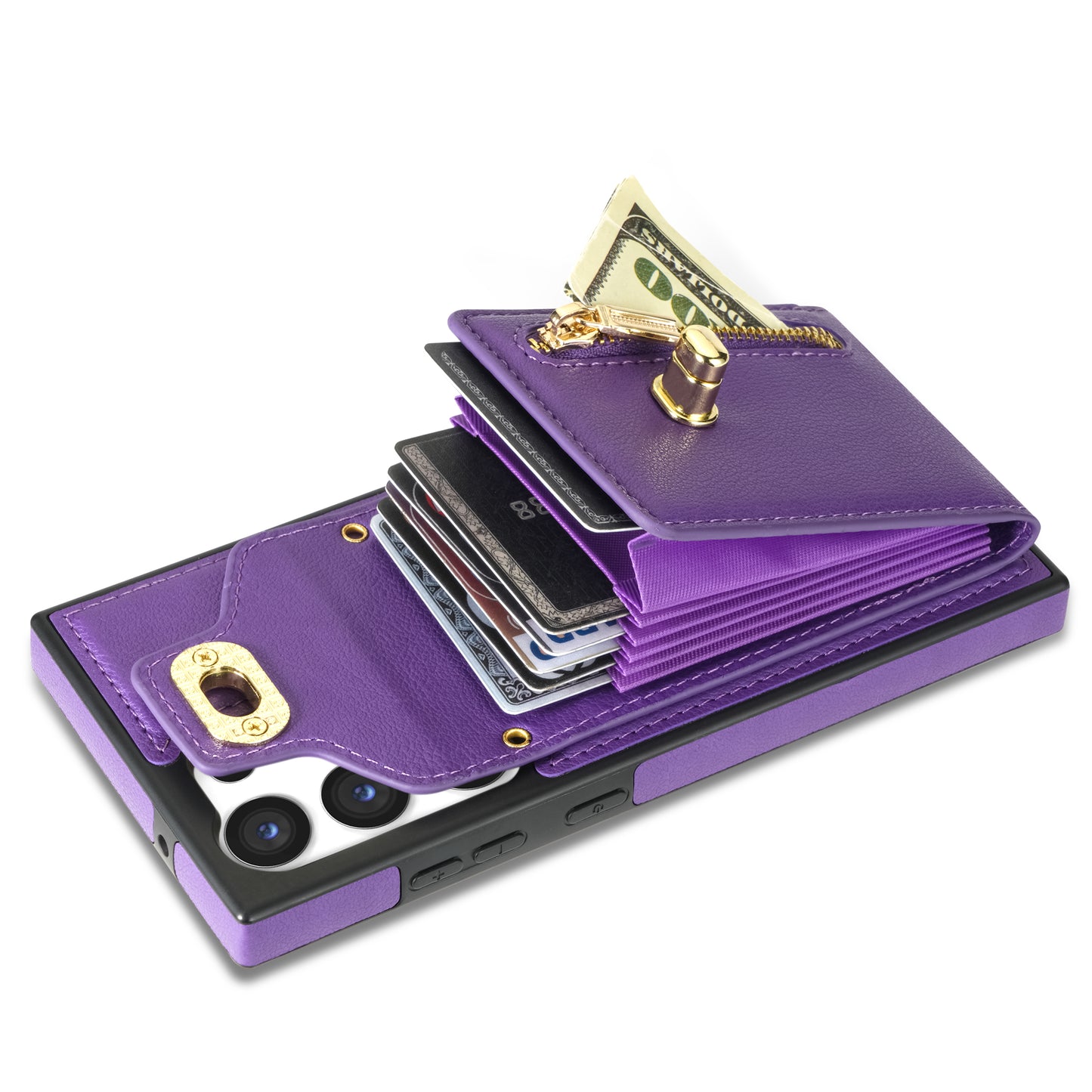 For Samsung Galaxy S24 Ultra Leather Coated TPU Cover Zipper Pocket Card Slots Phone Case with Kickstand - Purple