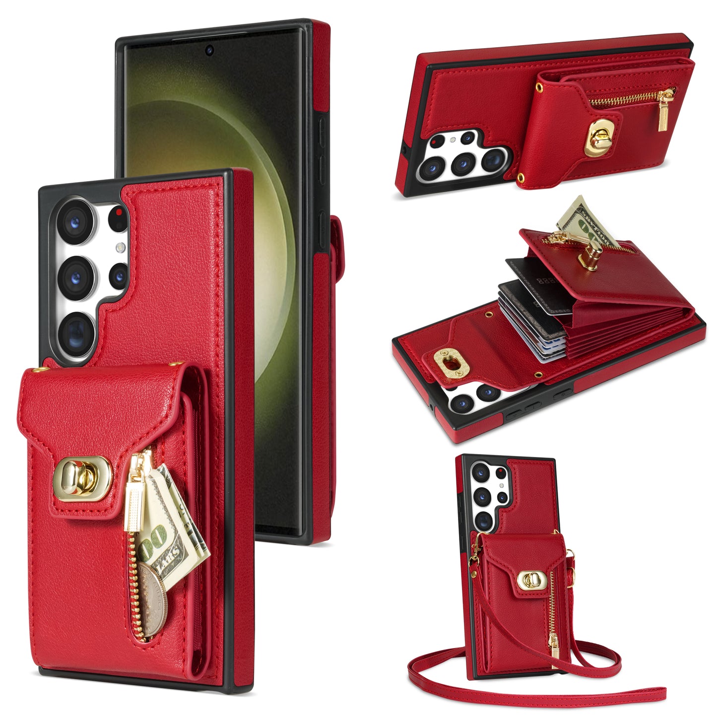 For Samsung Galaxy S24 Ultra Leather Coated TPU Cover Zipper Pocket Card Slots Phone Case with Kickstand - Red