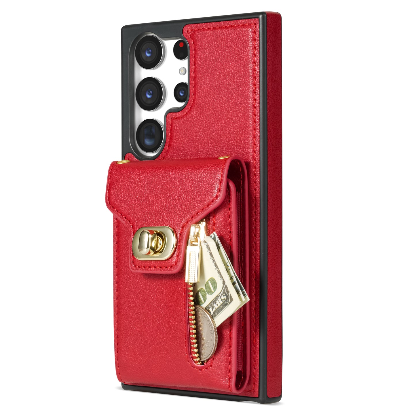 For Samsung Galaxy S24 Ultra Leather Coated TPU Cover Zipper Pocket Card Slots Phone Case with Kickstand - Red