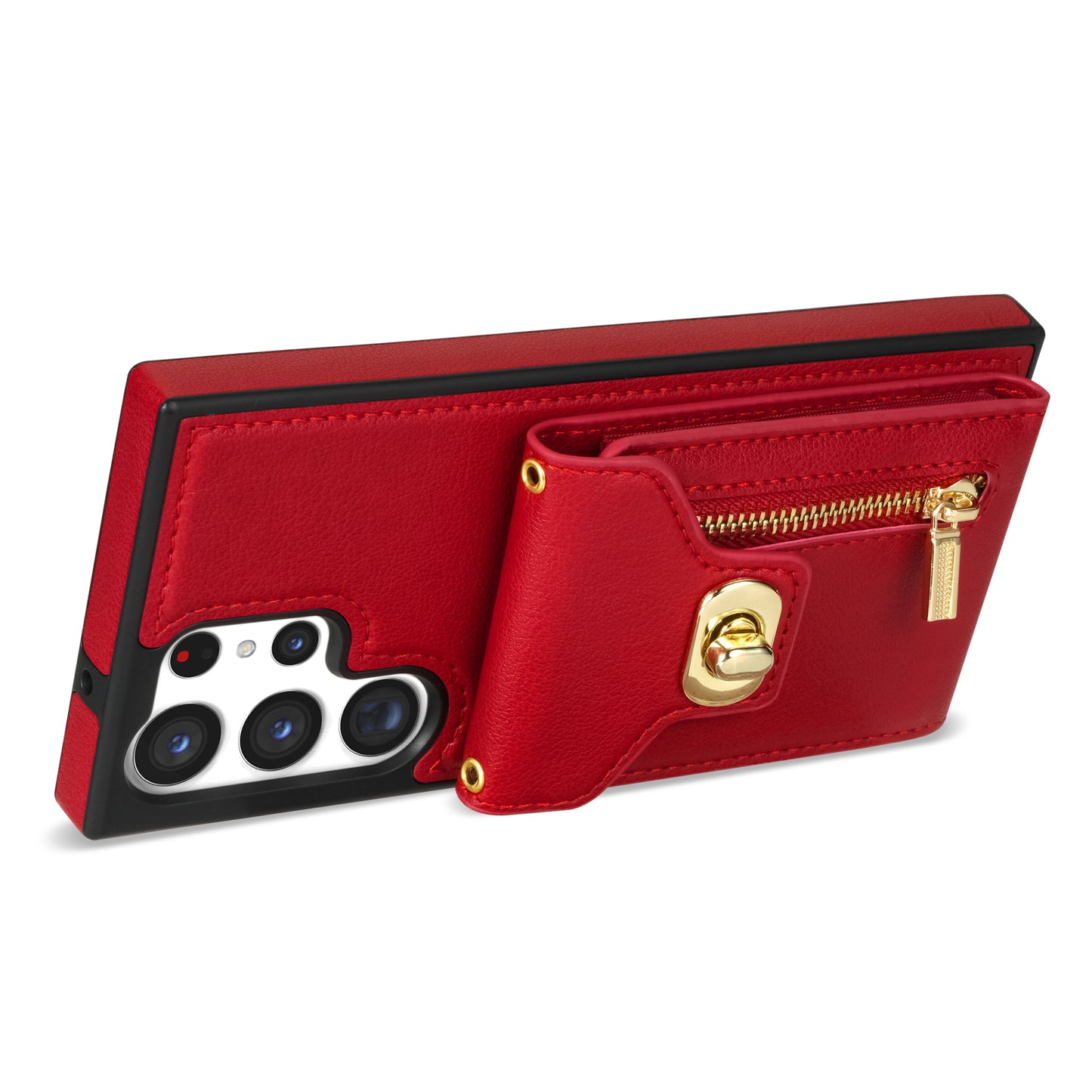 For Samsung Galaxy S24 Ultra Leather Coated TPU Cover Zipper Pocket Card Slots Phone Case with Kickstand - Red