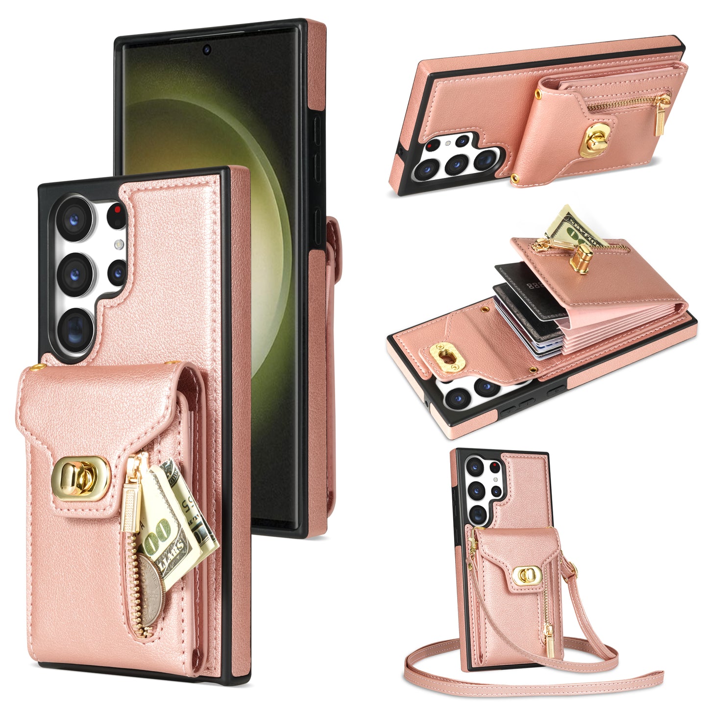 For Samsung Galaxy S24 Ultra Leather Coated TPU Cover Zipper Pocket Card Slots Phone Case with Kickstand - Pink