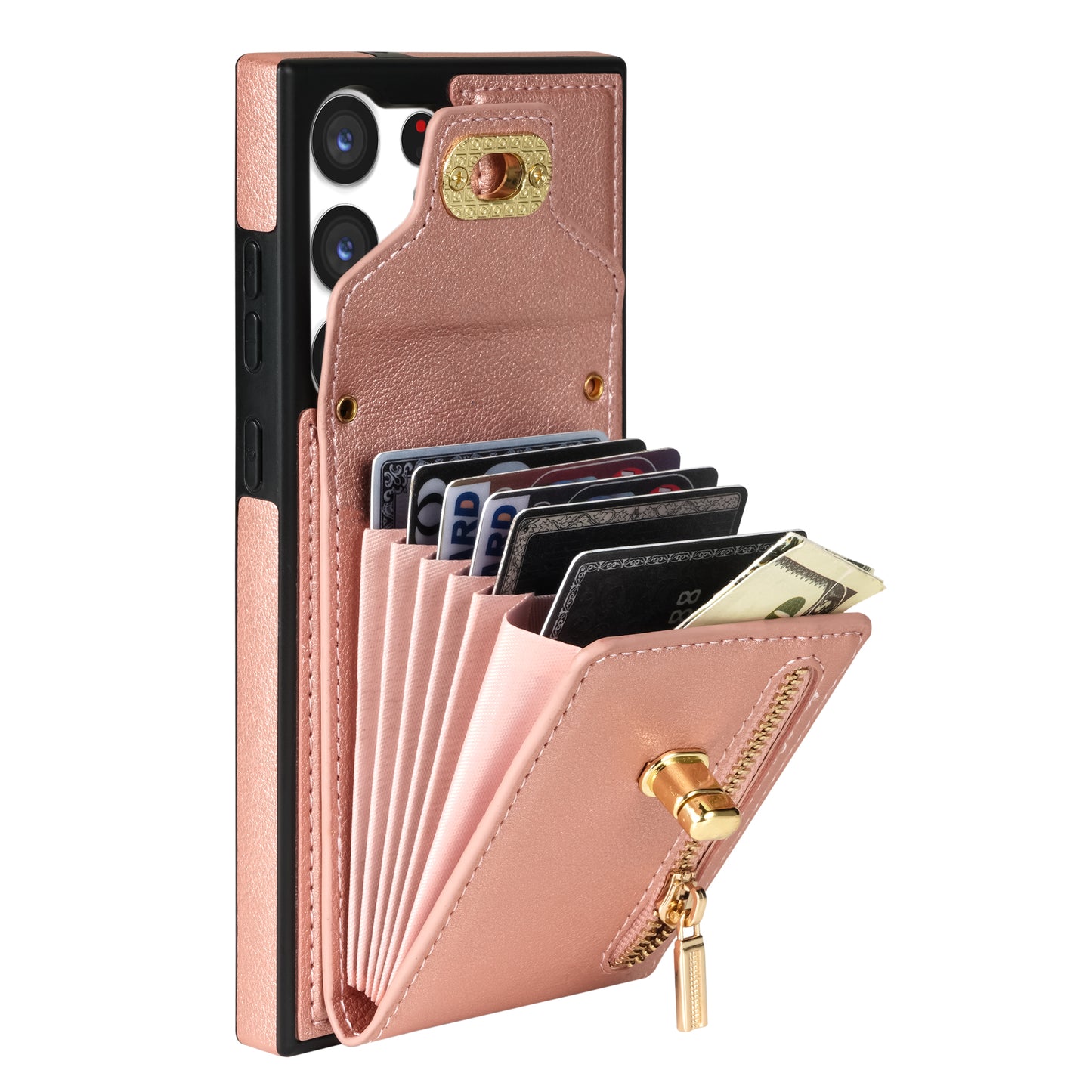 For Samsung Galaxy S24 Ultra Leather Coated TPU Cover Zipper Pocket Card Slots Phone Case with Kickstand - Pink