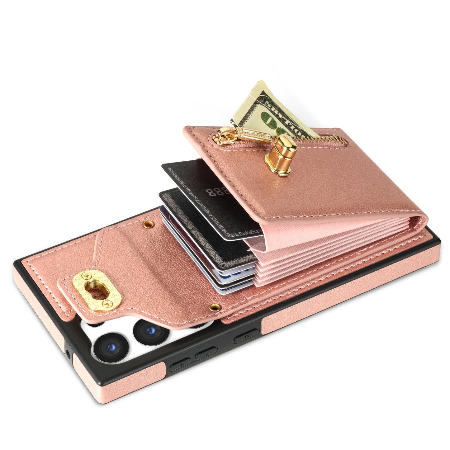 For Samsung Galaxy S24 Ultra Leather Coated TPU Cover Zipper Pocket Card Slots Phone Case with Kickstand - Pink