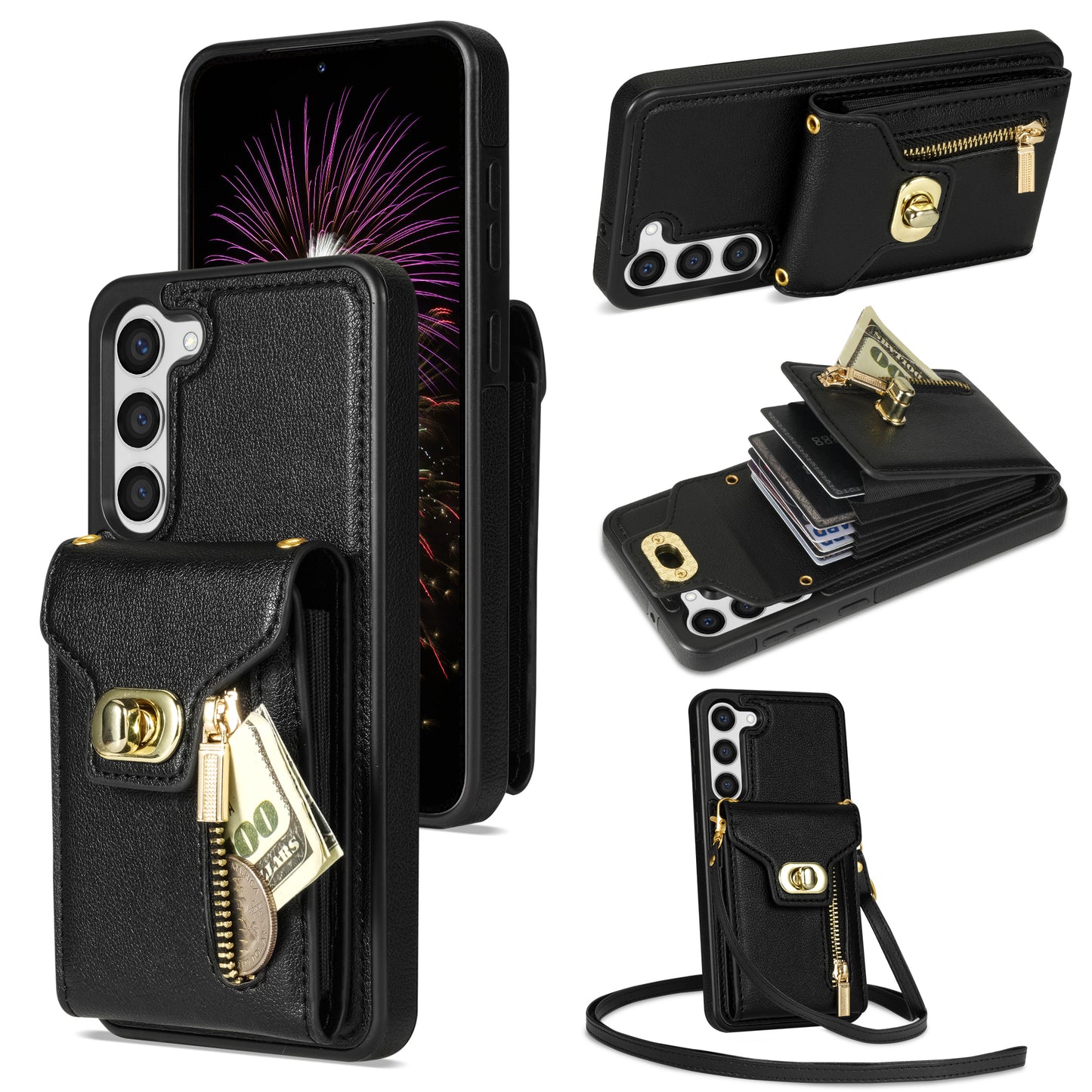 For Samsung Galaxy S24+ Cell Phone Case Leather Coated TPU Card Slots Cover with Shoulder Strap - Black