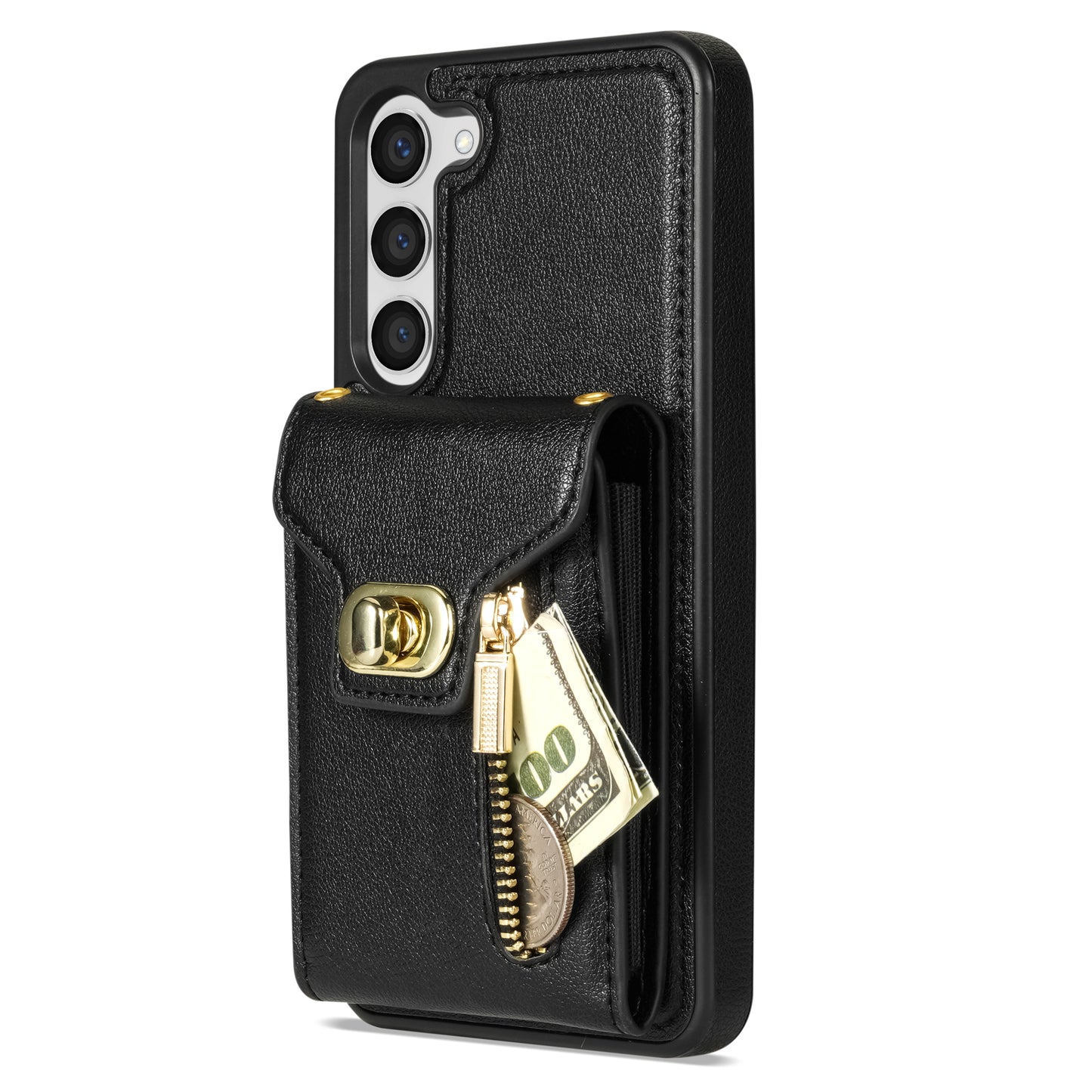 For Samsung Galaxy S24+ Cell Phone Case Leather Coated TPU Card Slots Cover with Shoulder Strap - Black