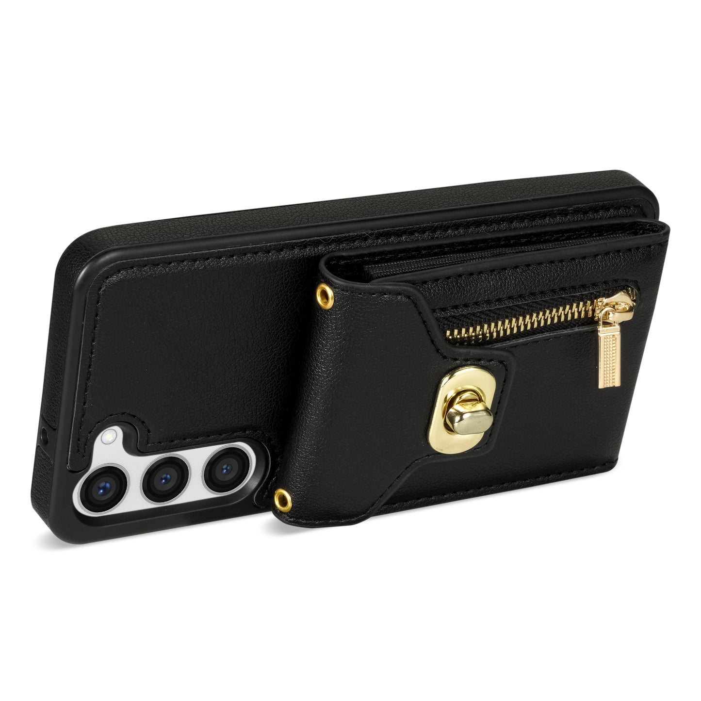 For Samsung Galaxy S24+ Cell Phone Case Leather Coated TPU Card Slots Cover with Shoulder Strap - Black
