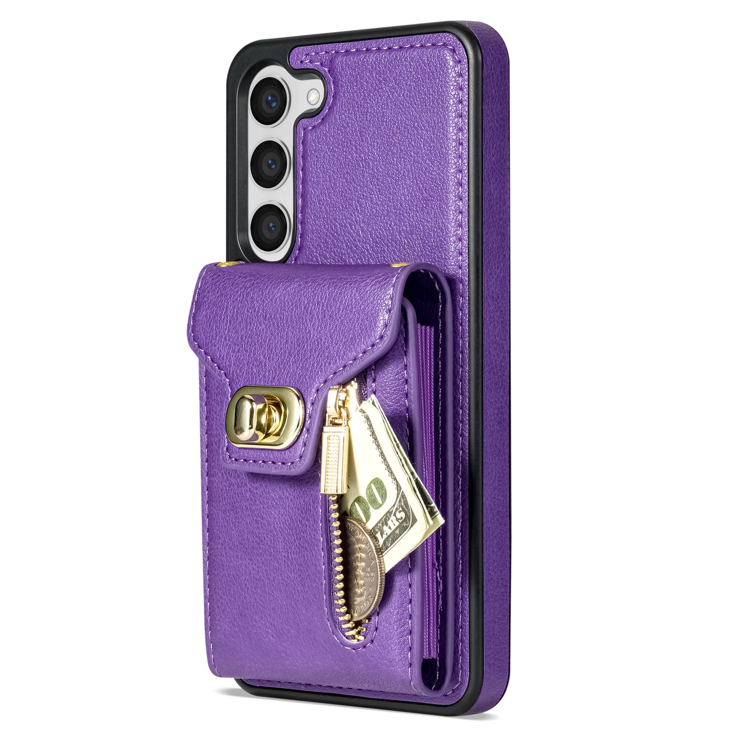 For Samsung Galaxy S24+ Cell Phone Case Leather Coated TPU Card Slots Cover with Shoulder Strap - Purple
