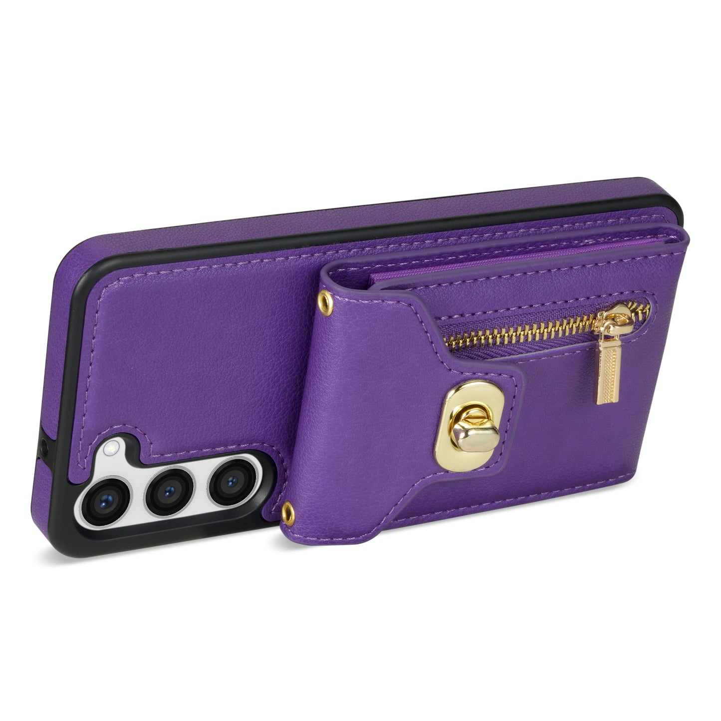 For Samsung Galaxy S24+ Cell Phone Case Leather Coated TPU Card Slots Cover with Shoulder Strap - Purple