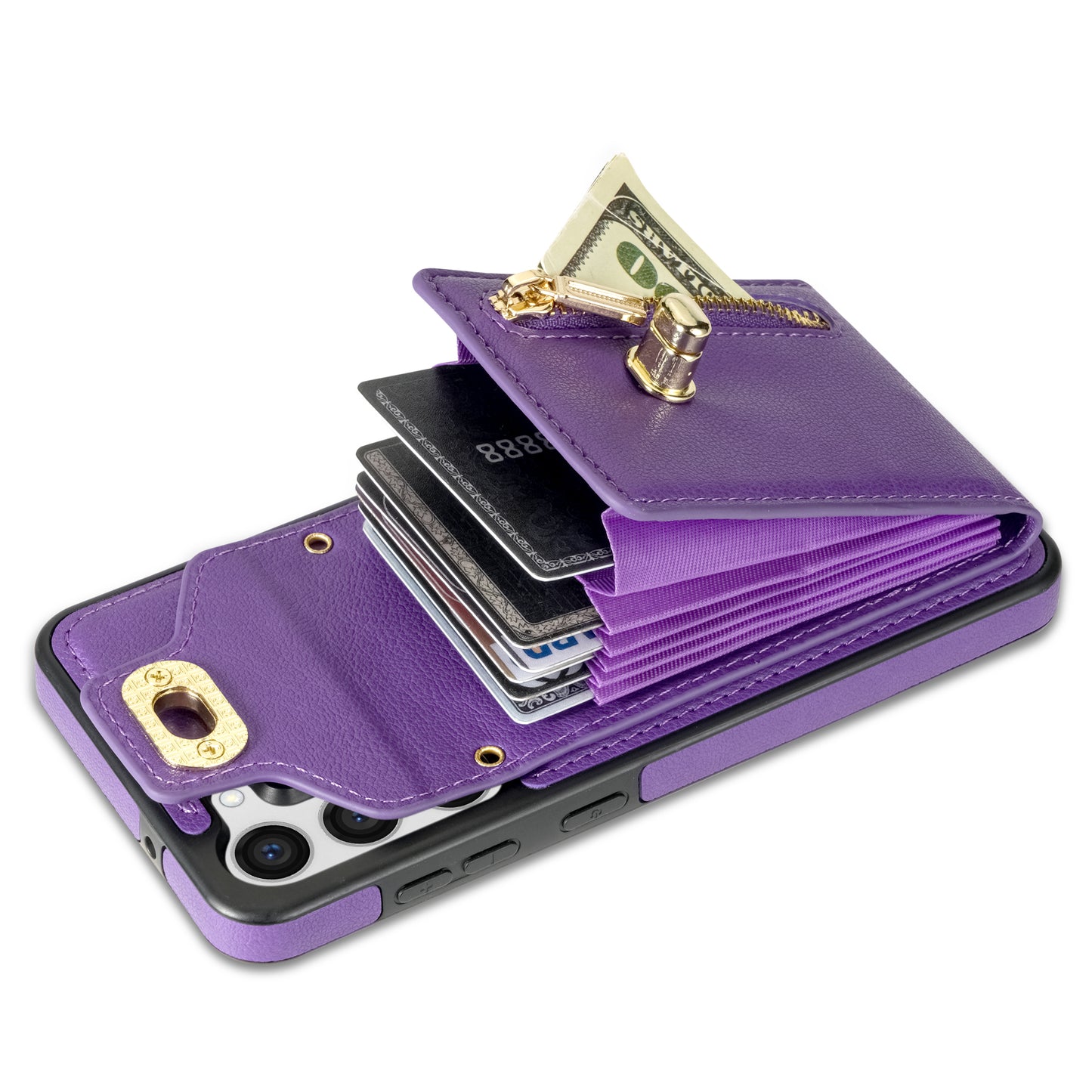 For Samsung Galaxy S24+ Cell Phone Case Leather Coated TPU Card Slots Cover with Shoulder Strap - Purple