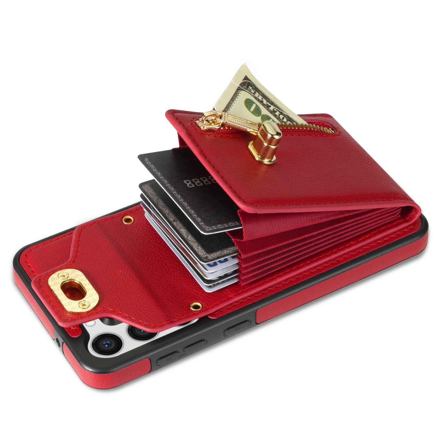 For Samsung Galaxy S24+ Cell Phone Case Leather Coated TPU Card Slots Cover with Shoulder Strap - Red