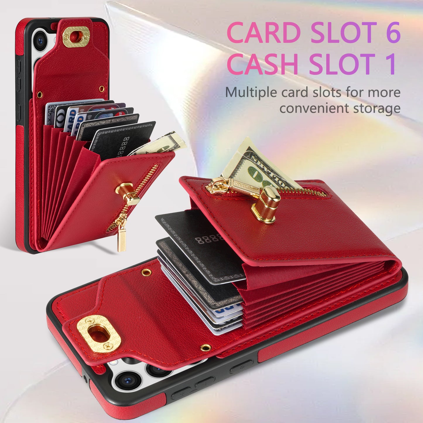 For Samsung Galaxy S24+ Cell Phone Case Leather Coated TPU Card Slots Cover with Shoulder Strap - Red