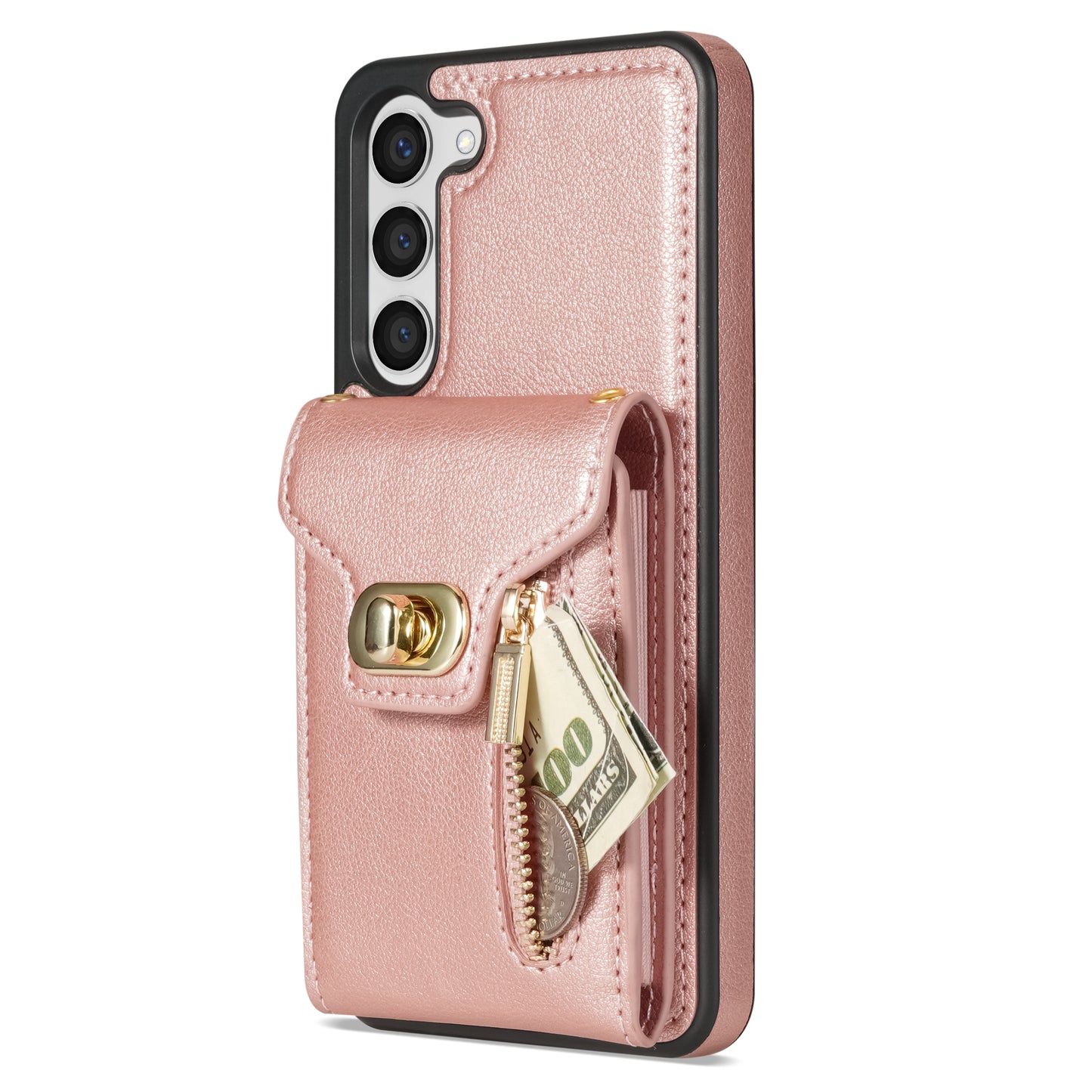 For Samsung Galaxy S24+ Cell Phone Case Leather Coated TPU Card Slots Cover with Shoulder Strap - Pink