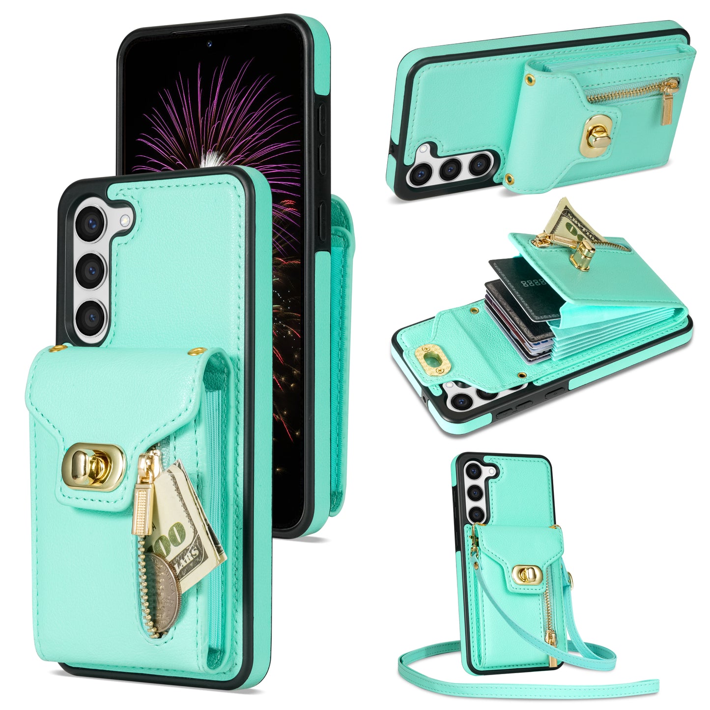 For Samsung Galaxy S24+ Cell Phone Case Leather Coated TPU Card Slots Cover with Shoulder Strap - Green