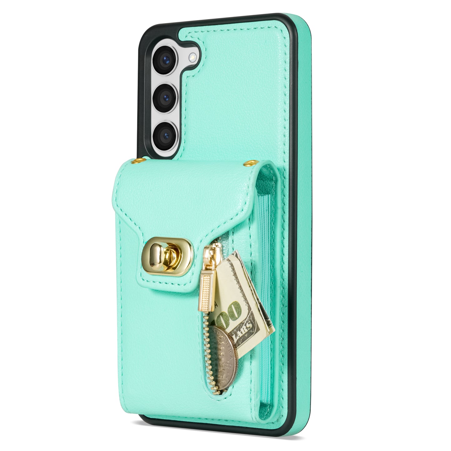 For Samsung Galaxy S24+ Cell Phone Case Leather Coated TPU Card Slots Cover with Shoulder Strap - Green