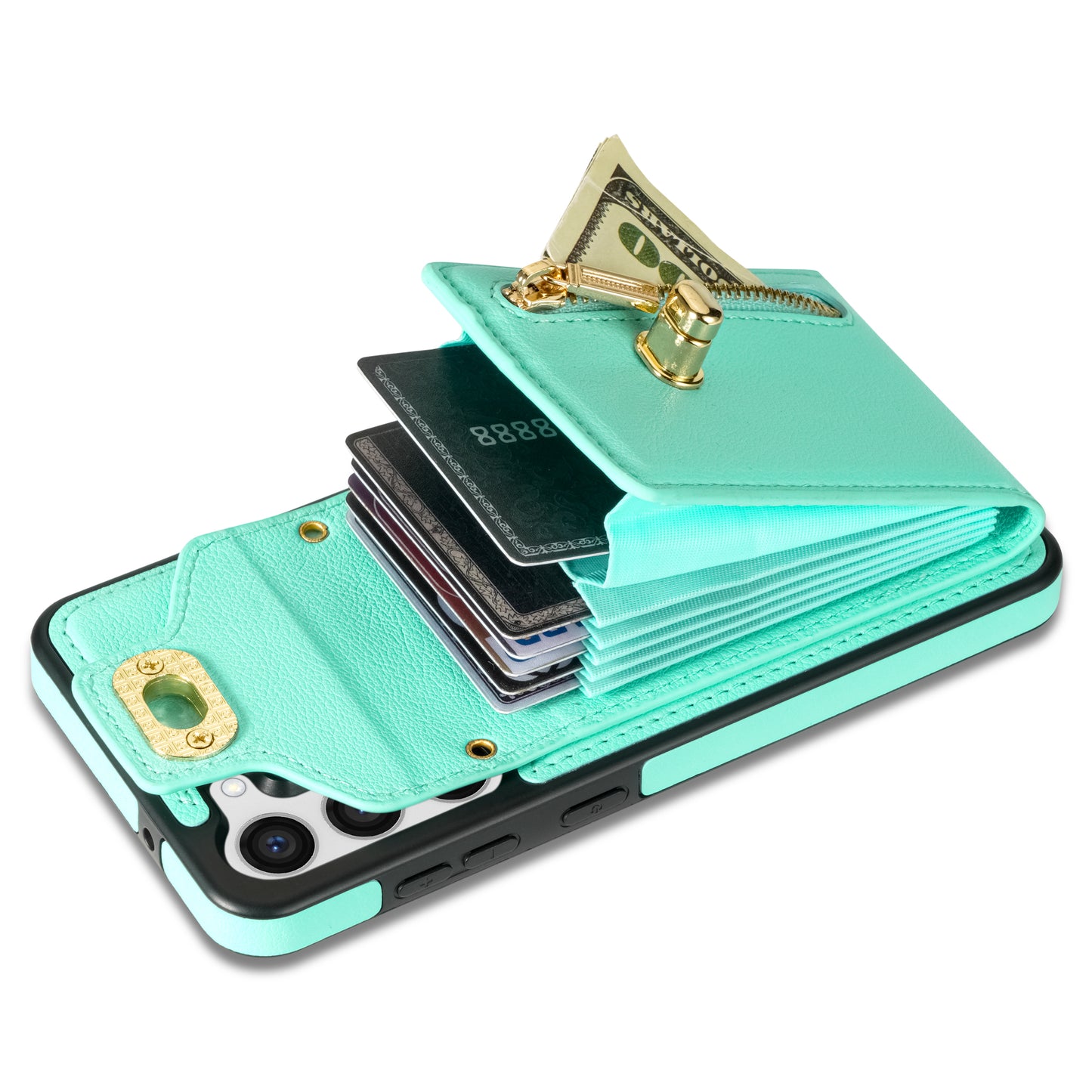 For Samsung Galaxy S24+ Cell Phone Case Leather Coated TPU Card Slots Cover with Shoulder Strap - Green