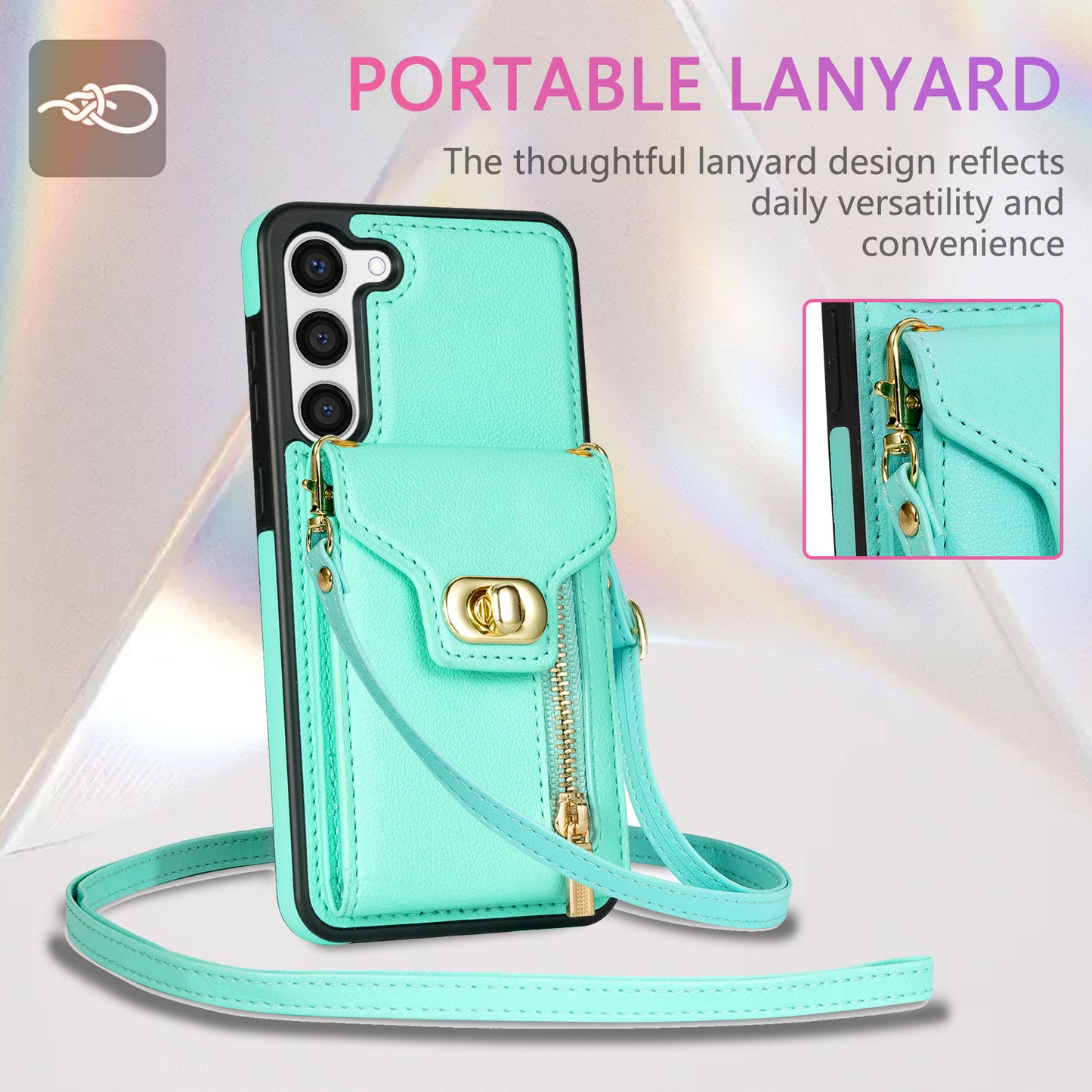 For Samsung Galaxy S24+ Cell Phone Case Leather Coated TPU Card Slots Cover with Shoulder Strap - Green