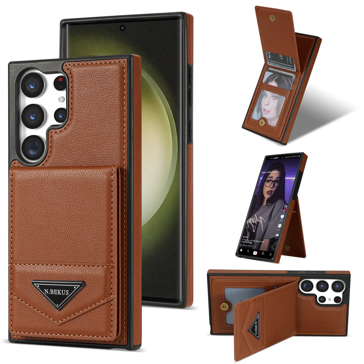 N.BEKUS For Samsung Galaxy S24 Ultra Case Leather+TPU Vertical Flip Card Holder Cover - Brown