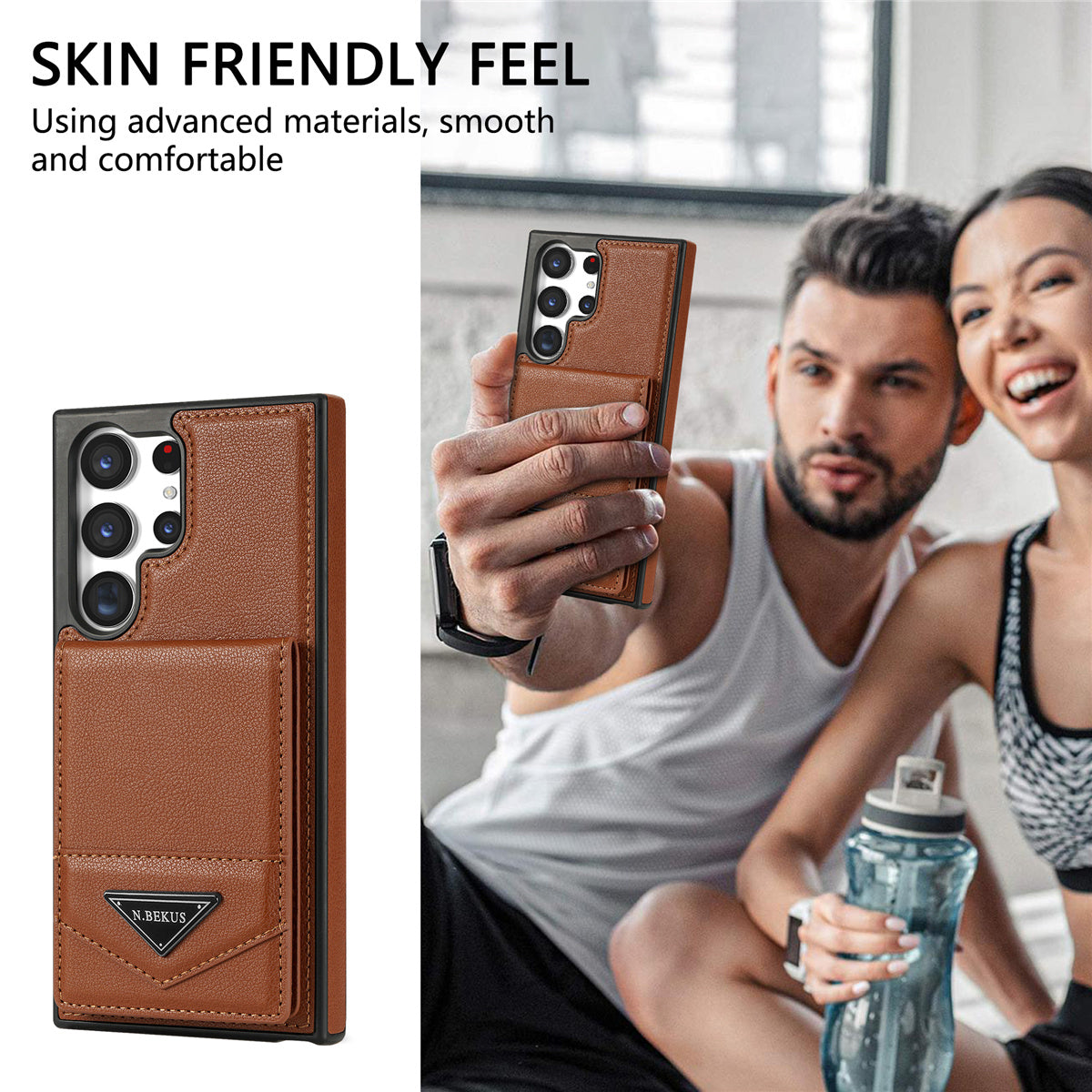N.BEKUS For Samsung Galaxy S24 Ultra Case Leather+TPU Vertical Flip Card Holder Cover - Brown