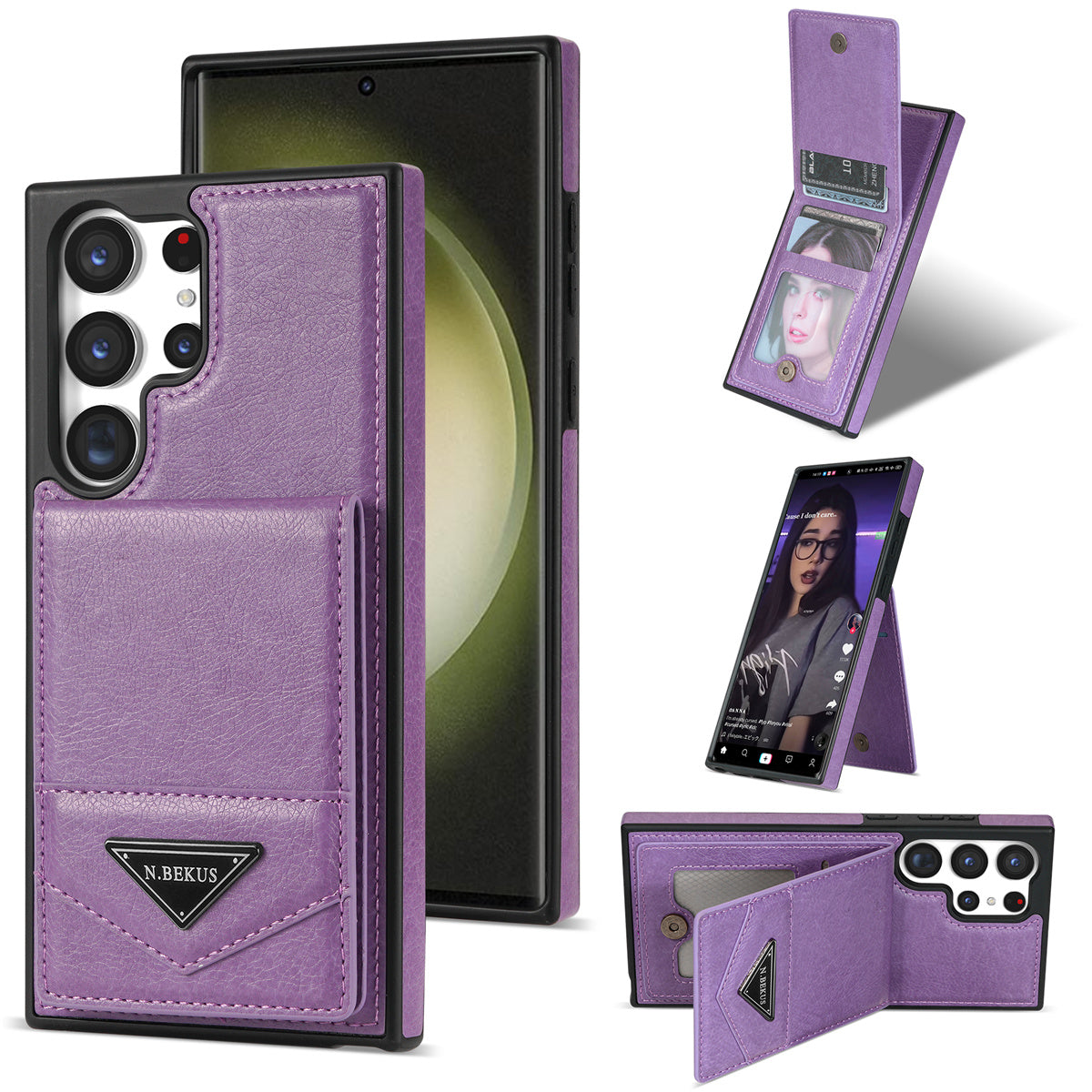 N.BEKUS For Samsung Galaxy S24 Ultra Case Leather+TPU Vertical Flip Card Holder Cover - Purple