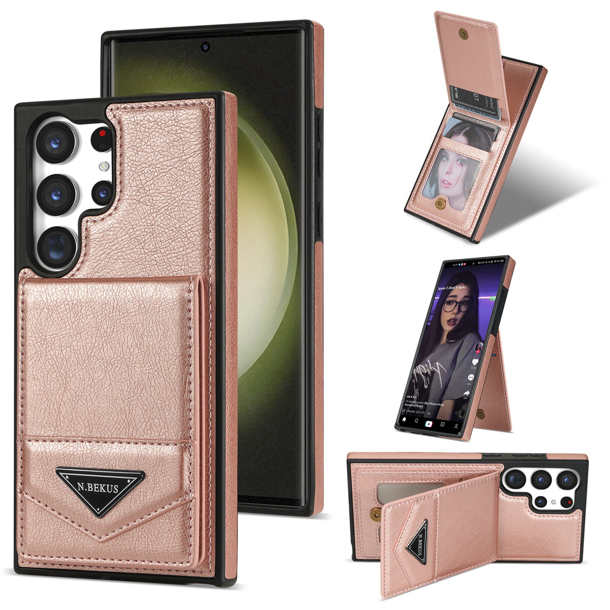 N.BEKUS For Samsung Galaxy S24 Ultra Case Leather+TPU Vertical Flip Card Holder Cover - Pink